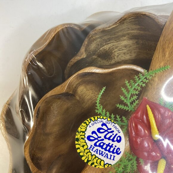 Hilo Hattie Wood Salad Bowl Set Hawaiian Tiki Luau Philippines Utensils New MCM - Picture 6 of 8